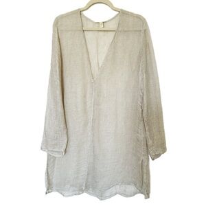 Eileen Fisher Sheer Organic Linen Knit V-Neck Top - Light Taupe